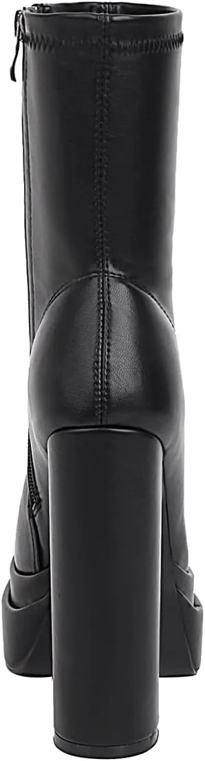 vivianly Women's Platform Mid Calf Boots Square Toe Chunky Heel Ankle Boots with Side Zipper Stretch Short Go Go Boot