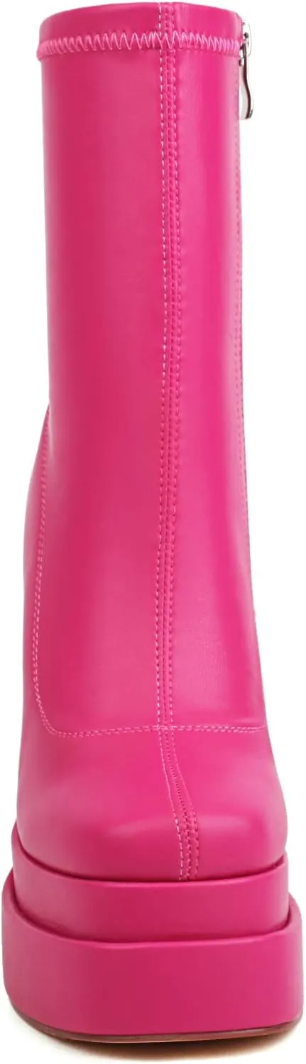 vivianly Women's Platform Mid Calf Boots Square Toe Chunky Heel Ankle Boots with Side Zipper Stretch Short Go Go Boot
