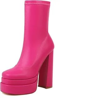 vivianly Women's Platform Mid Calf Boots Square Toe Chunky Heel Ankle Boots with Side Zipper Stretch Short Go Go Boot