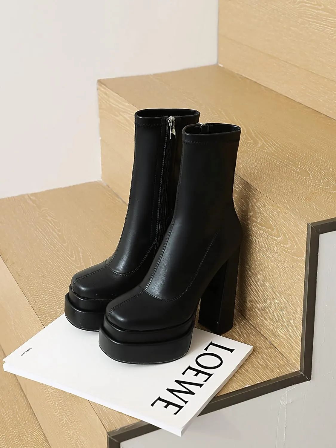 vivianly Women's Platform Mid Calf Boots Square Toe Chunky Heel Ankle Boots with Side Zipper Stretch Short Go Go Boot