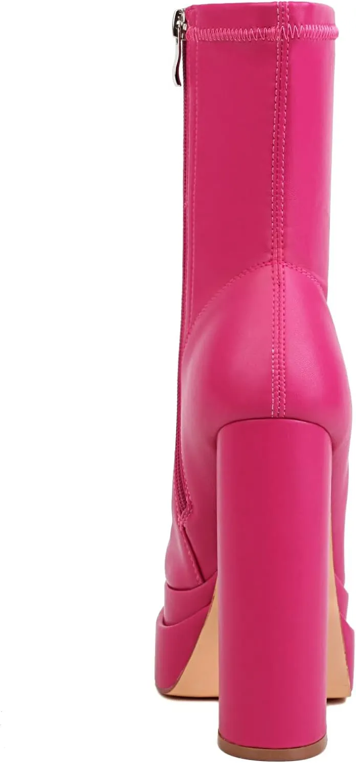 vivianly Women's Platform Mid Calf Boots Square Toe Chunky Heel Ankle Boots with Side Zipper Stretch Short Go Go Boot