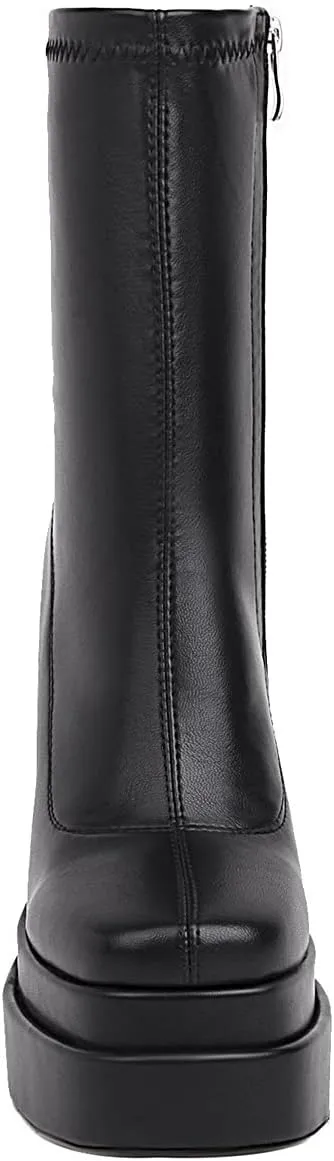 vivianly Women's Platform Mid Calf Boots Square Toe Chunky Heel Ankle Boots with Side Zipper Stretch Short Go Go Boot