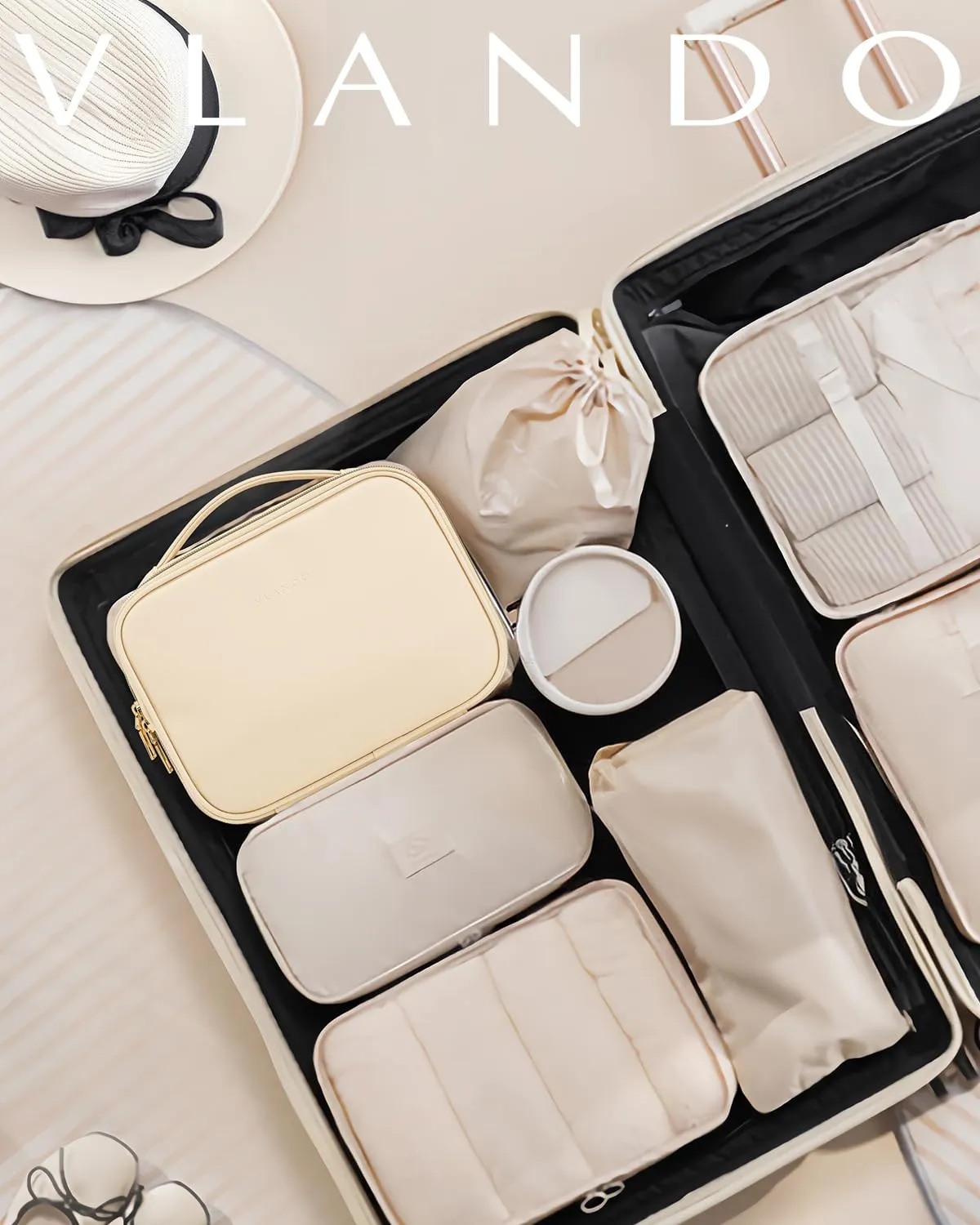 Vlando Makeup Bag,Gifts for Women Travel Makeup Bag Organizer Leather Make up Storage Bag for Women Adjustable Dividers Make up Brushes Case for Valentine's Day Birthday-white
