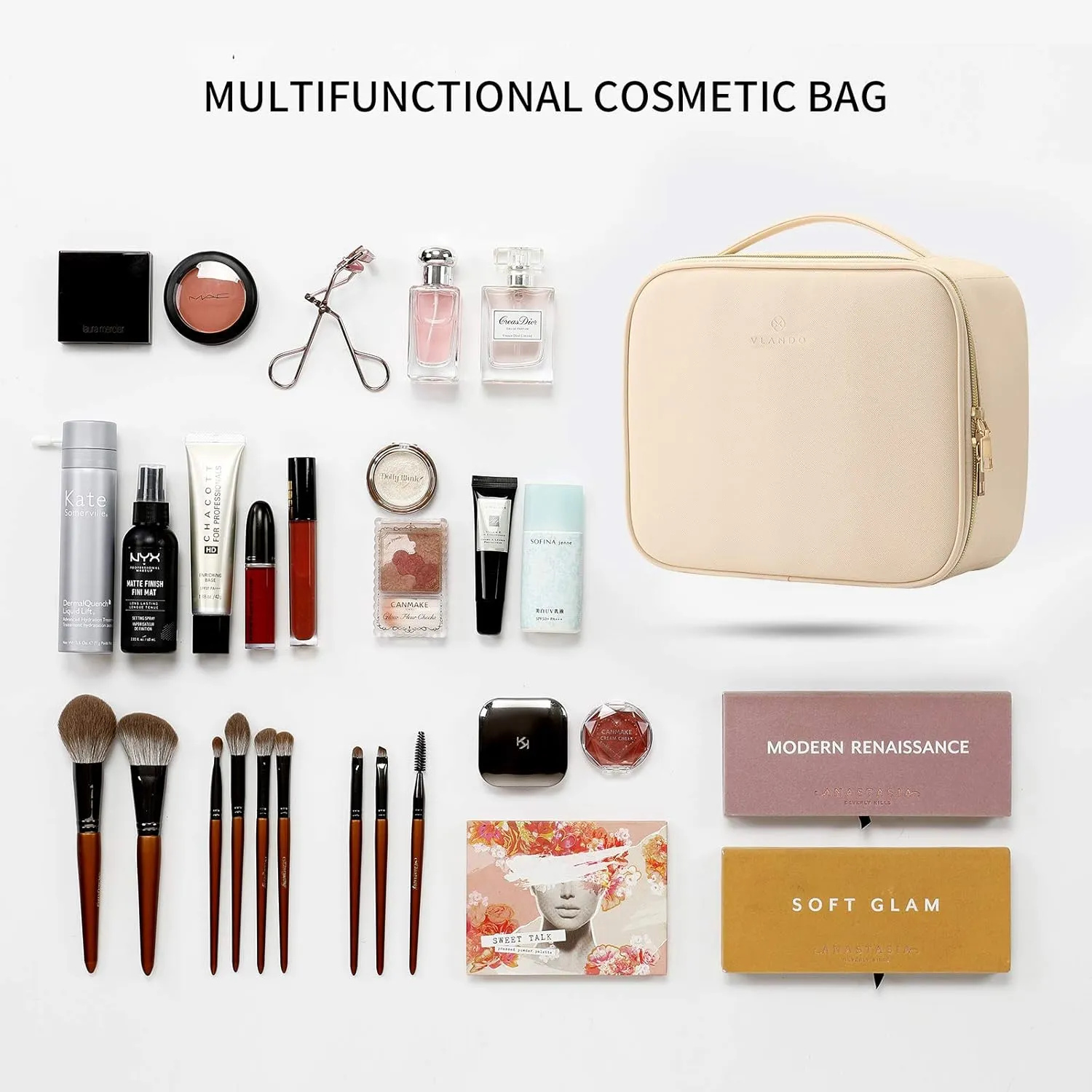 Vlando Makeup Bag,Gifts for Women Travel Makeup Bag Organizer Leather Make up Storage Bag for Women Adjustable Dividers Make up Brushes Case for Valentine's Day Birthday-white