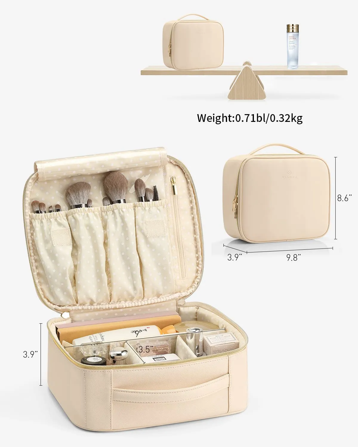 Vlando Makeup Bag,Gifts for Women Travel Makeup Bag Organizer Leather Make up Storage Bag for Women Adjustable Dividers Make up Brushes Case for Valentine's Day Birthday-white
