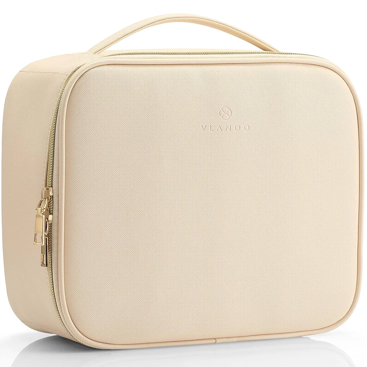 Vlando Makeup Bag,Gifts for Women Travel Makeup Bag Organizer Leather Make up Storage Bag for Women Adjustable Dividers Make up Brushes Case for Valentine's Day Birthday-white
