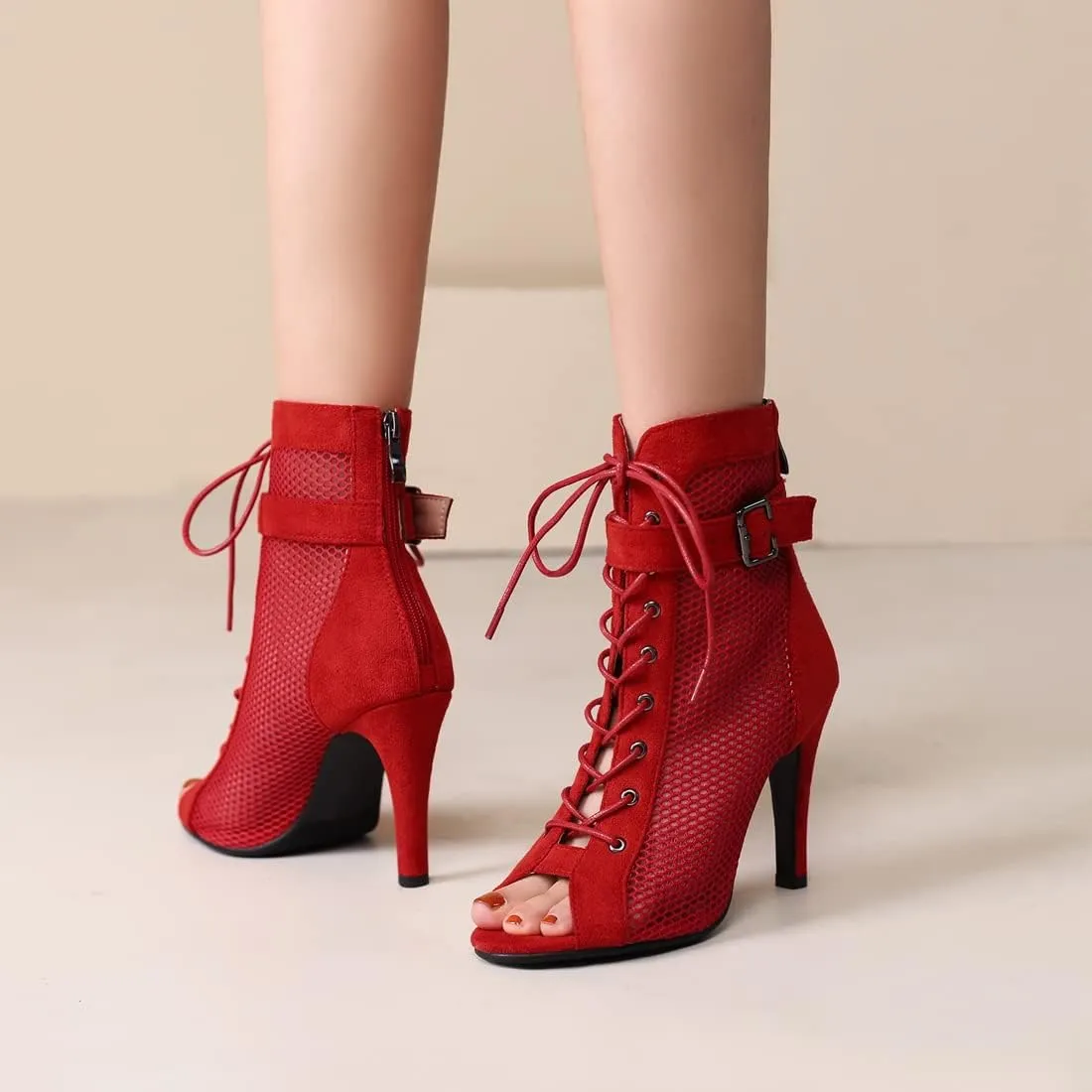 VOKLIN Women's Peep Toe Stilettos High Heel Sandals Fashion Sexy Lace Up Zip Dress Pump Ankle Booties Shoes