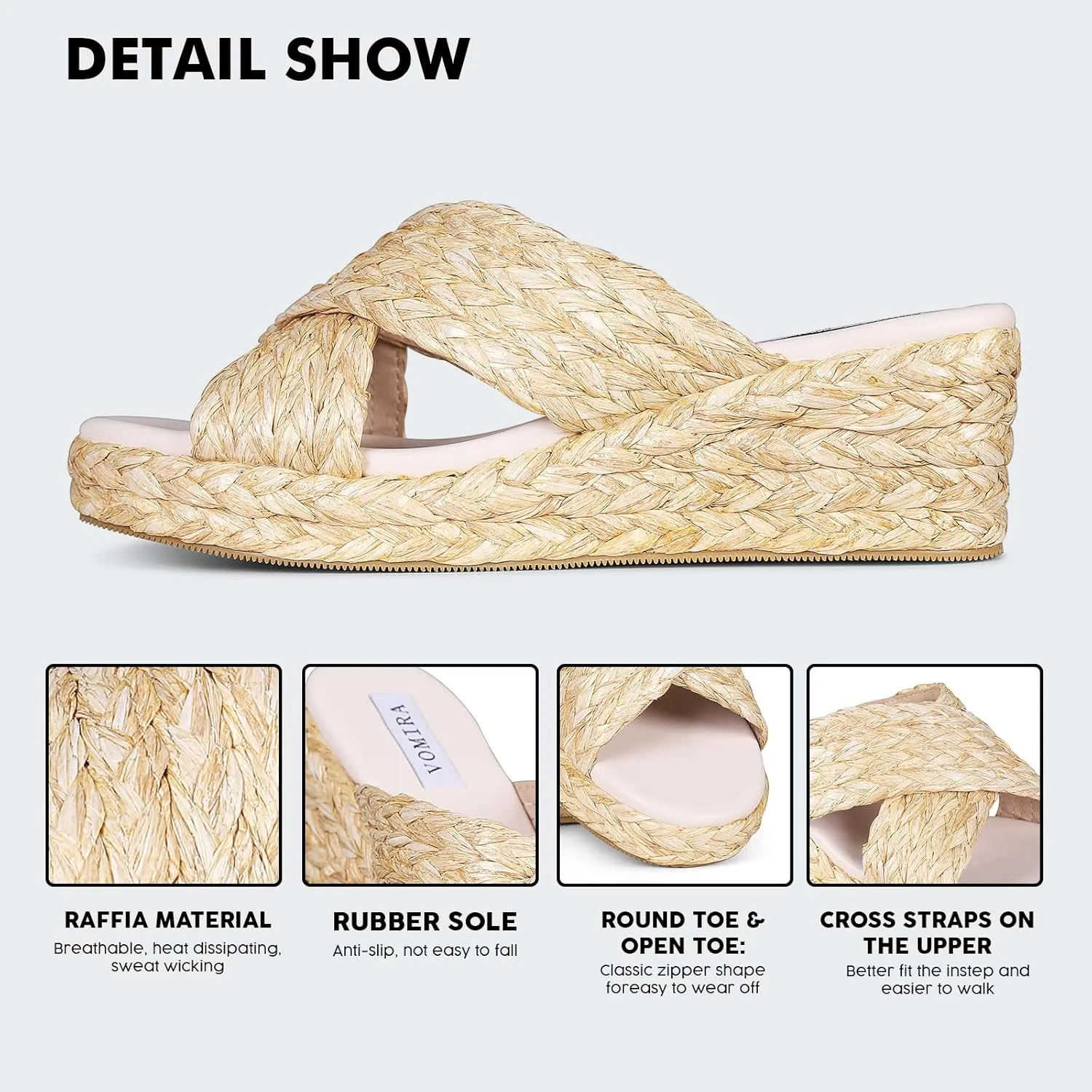 VOMIRA Platform Slides Sandals for Women Breathable Open Toe Cross Strop Slip On Espadrilles Wedge Sandals Summer Sandals