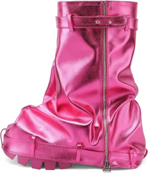 VOMIRA Women's Fold Over Boots Slouchy Boots Wide Calf Pleated Platform Boots Glitter Metallic Silver Boots Chunky Stacked Boots Mid Calf Boots