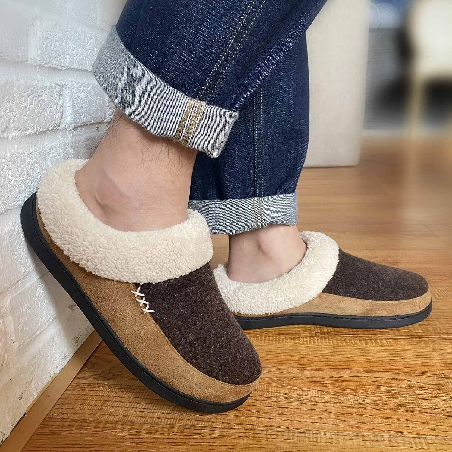VONAMY Men's Slippers Fuzzy Warm House Shoes Memory Foam Slip On Clog Plush Wool Fleece Indoor Outdoor
