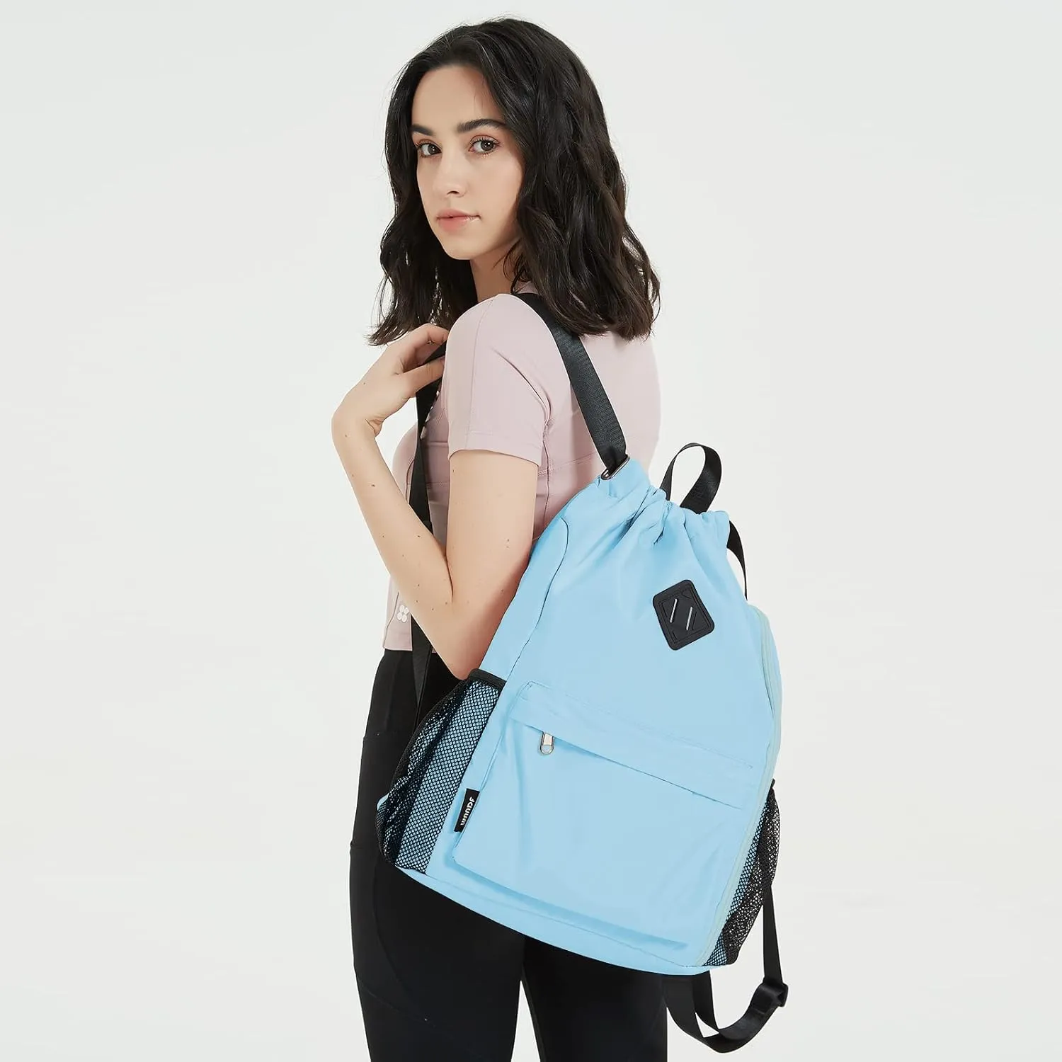 WANDF Drawstring Backpack Sports Gym Bag with Shoes Compartment, Water-Resistant String Backpack Cinch for Women Men(Large,Light blue)