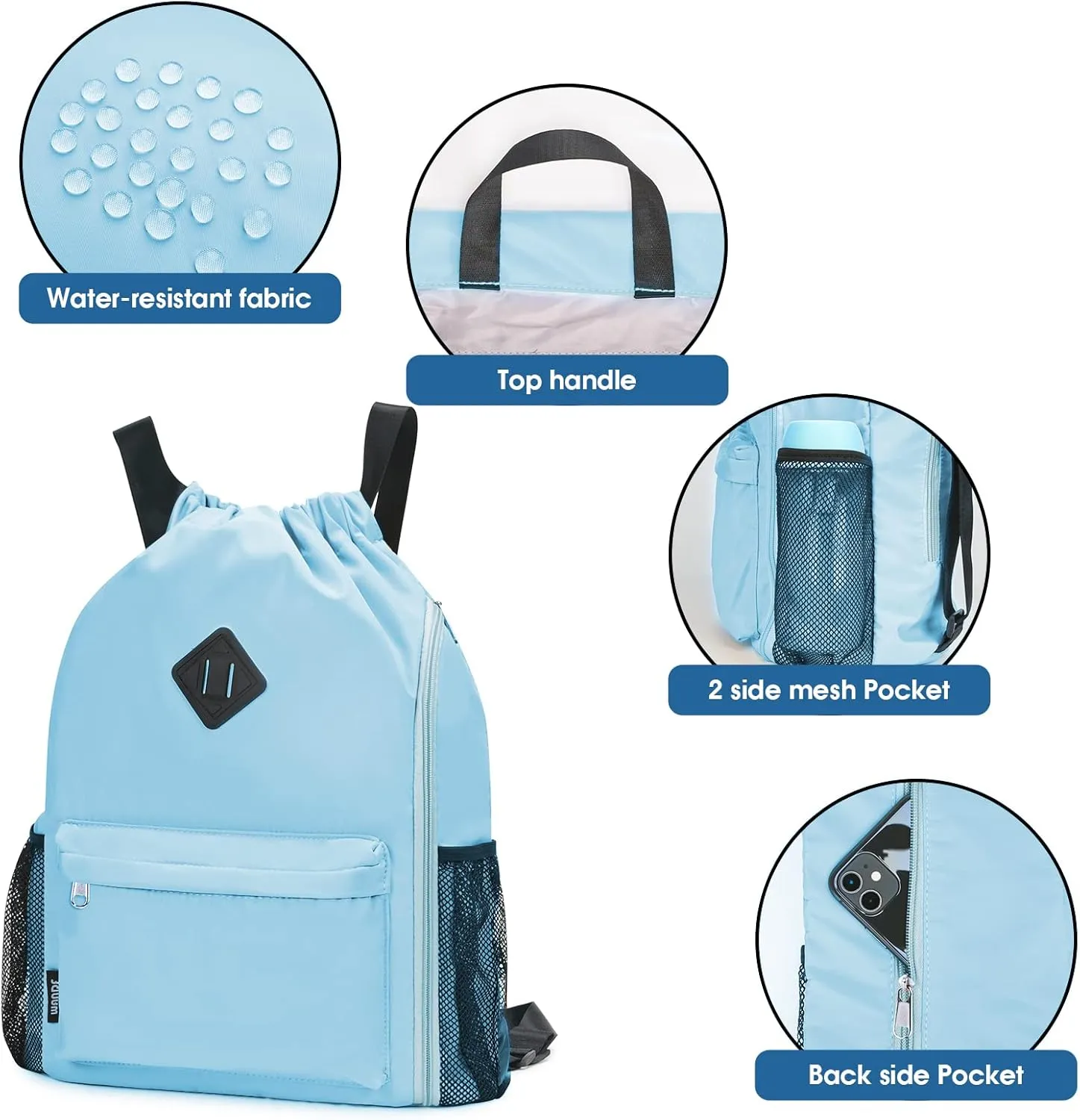 WANDF Drawstring Backpack Sports Gym Bag with Shoes Compartment, Water-Resistant String Backpack Cinch for Women Men(Large,Light blue)