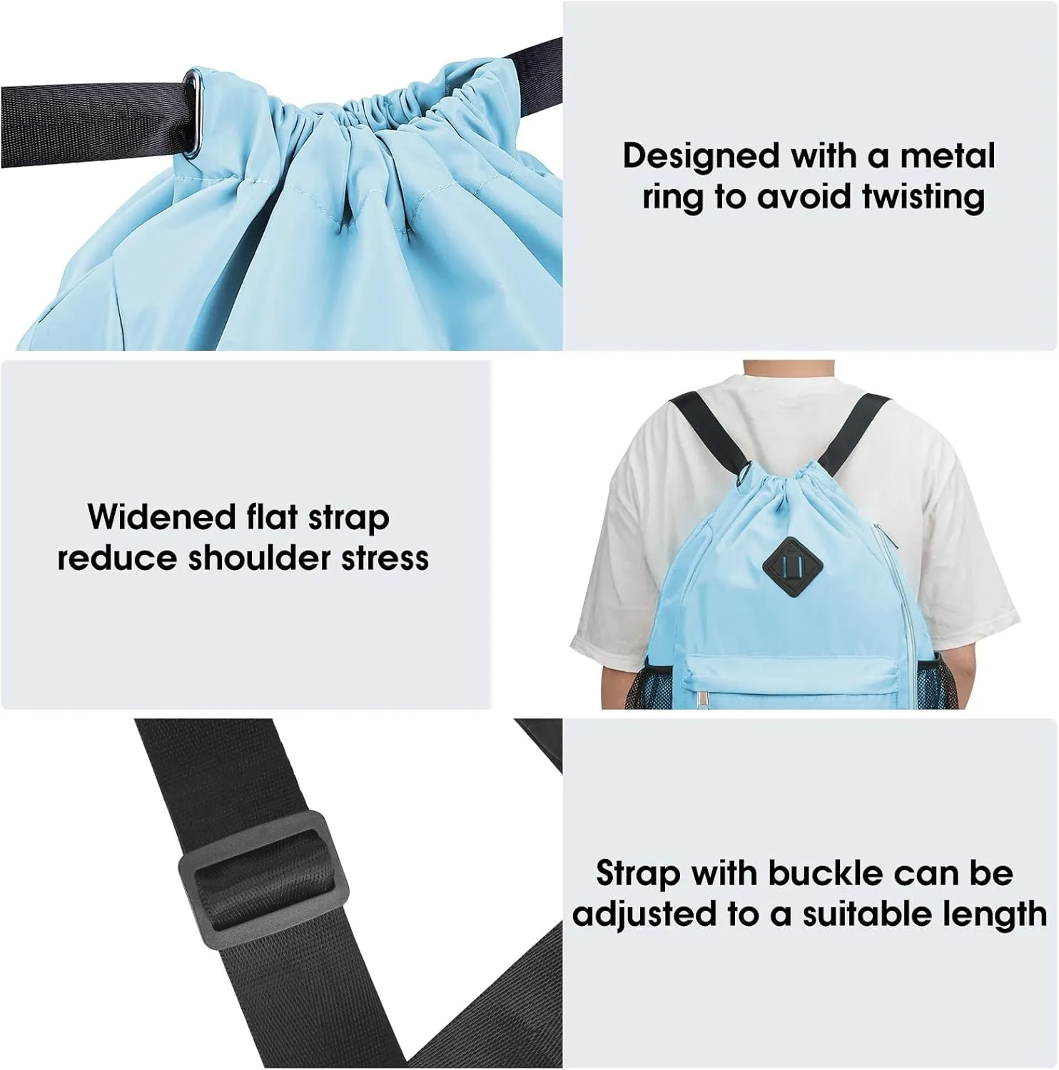 WANDF Drawstring Backpack Sports Gym Bag with Shoes Compartment, Water-Resistant String Backpack Cinch for Women Men(Large,Light blue)