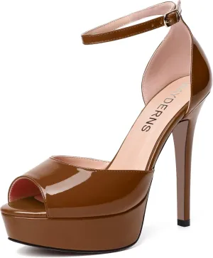 WAYDERNS Womens Peep Toe Adjustable Strap Evening Platform Dress Patent Buckle Stiletto High Heel Pumps Shoes 5 Inch