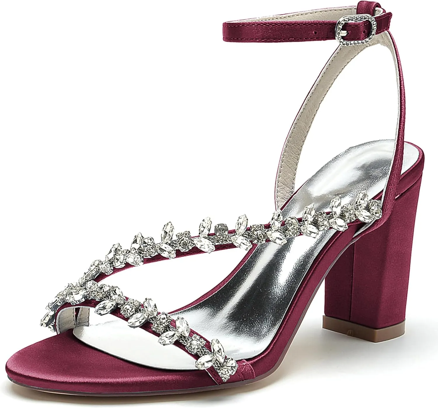 Wedding Bride Shoes Sandal Shoes Open Toe Block Heel Satin Rhinestones Women High Heels Formal Party Heeled Sandals 8.5Cm