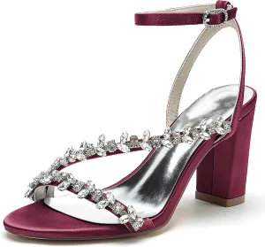 Wedding Bride Shoes Sandal Shoes Open Toe Block Heel Satin Rhinestones Women High Heels Formal Party Heeled Sandals 8.5Cm