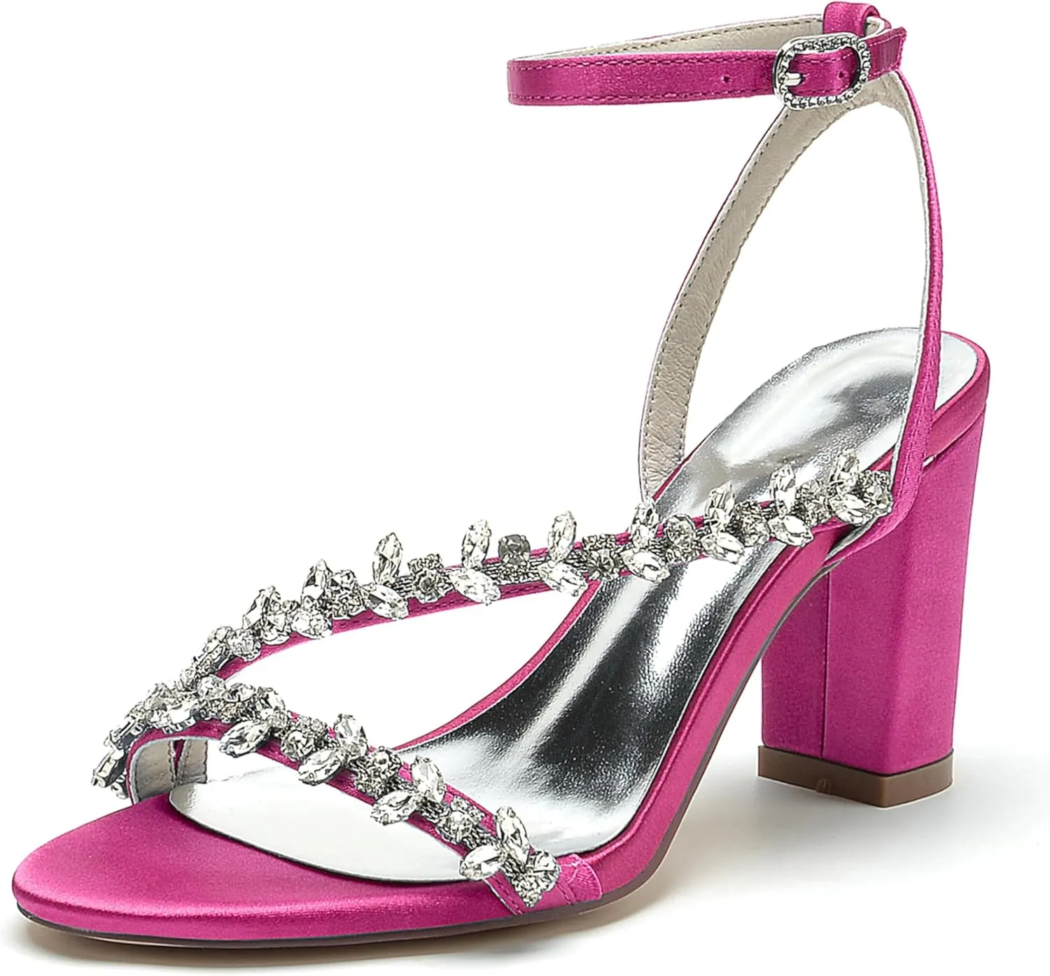 Wedding Bride Shoes Sandal Shoes Open Toe Block Heel Satin Rhinestones Women High Heels Formal Party Heeled Sandals 8.5Cm
