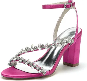 Wedding Bride Shoes Sandal Shoes Open Toe Block Heel Satin Rhinestones Women High Heels Formal Party Heeled Sandals 8.5Cm