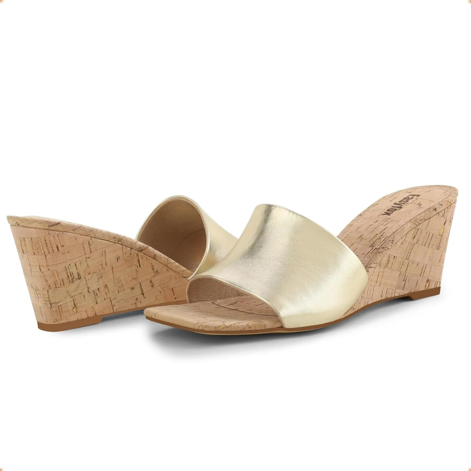 Wedge Sandals for Women Open Toe Wedge Heels Womens High Heel Sandal Square Toe Heeled Wedge Sandals Wood Grain Slip on Wedge Mules