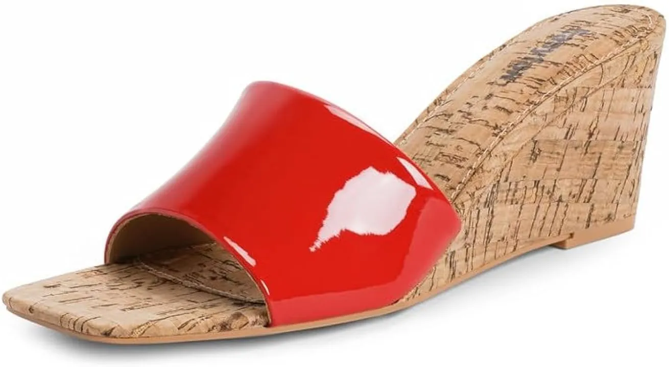 Wedge Sandals for Women Open Toe Wedge Heels Womens High Heel Sandal Square Toe Heeled Wedge Sandals Wood Grain Slip on Wedge Mules