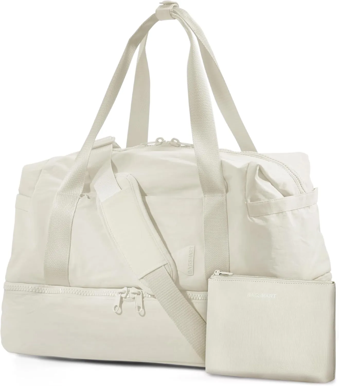 Weekender Bags for Women, BAGSMART Travel Duffel Bags with Shoe Compartment,Personal Item Travel Bag for Airlines, Carry on Overnight Tote Bag with Toiletry Bag (Light Beige,2pcs)