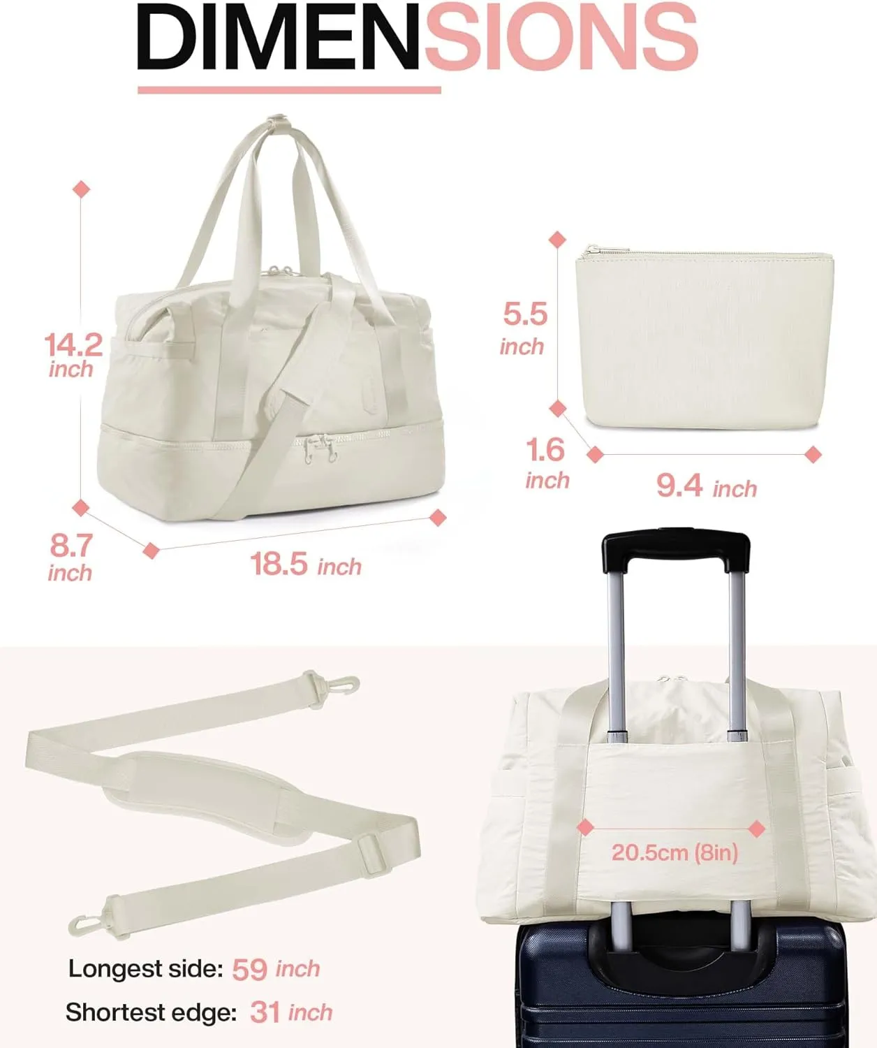 Weekender Bags for Women, BAGSMART Travel Duffel Bags with Shoe Compartment,Personal Item Travel Bag for Airlines, Carry on Overnight Tote Bag with Toiletry Bag (Light Beige,2pcs)