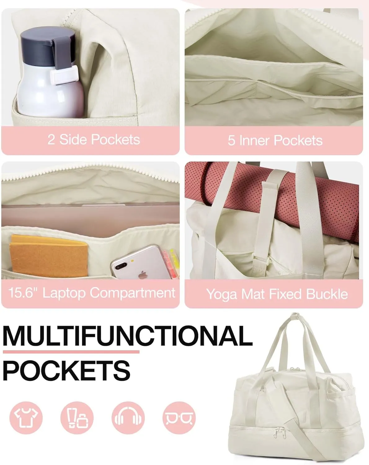 Weekender Bags for Women, BAGSMART Travel Duffel Bags with Shoe Compartment,Personal Item Travel Bag for Airlines, Carry on Overnight Tote Bag with Toiletry Bag (Light Beige,2pcs)