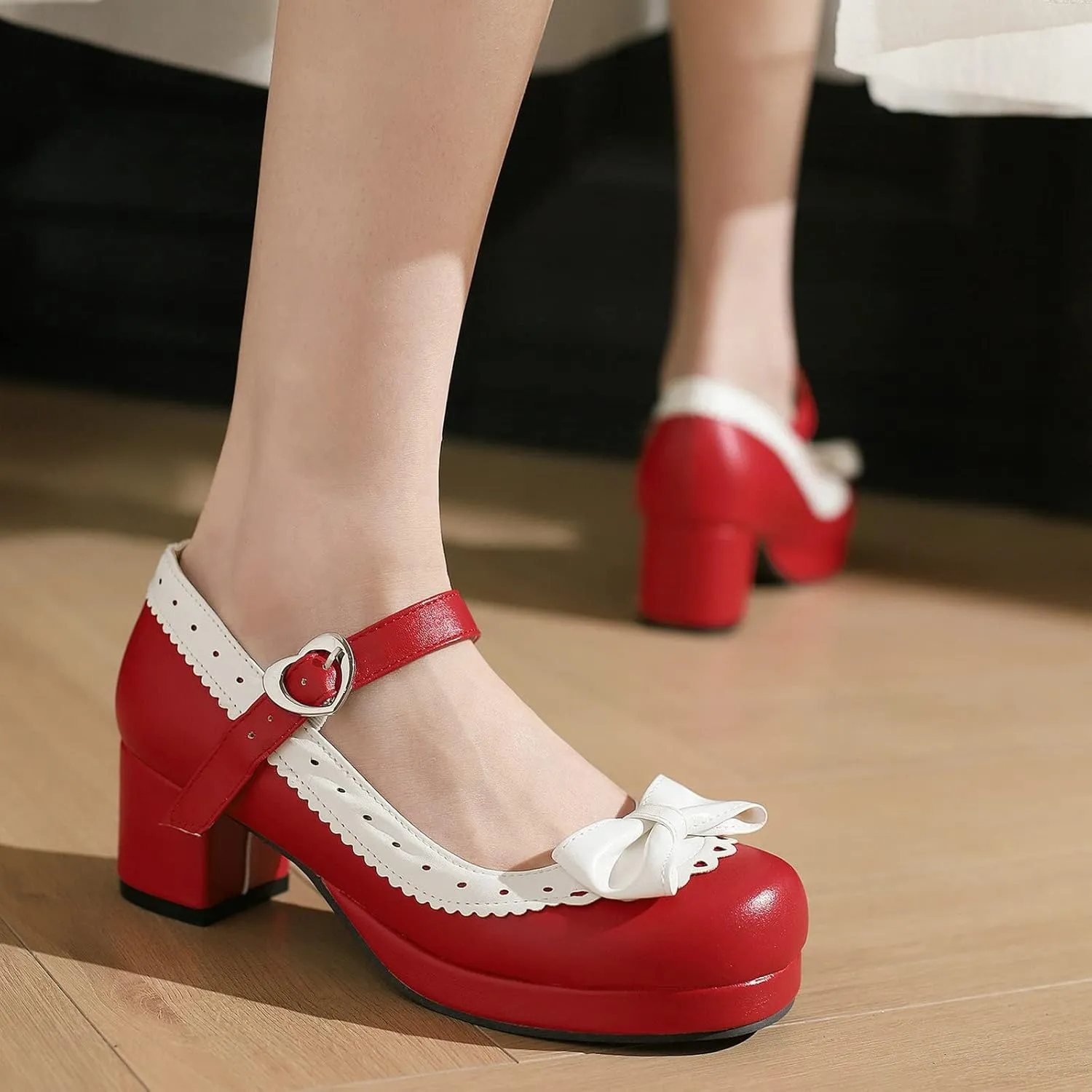 Women Bow Mary Jane Shoes Kawaii Pumps Platform Chunky Heeled Vintage Pumps Elegant Lolita Dress Shoes