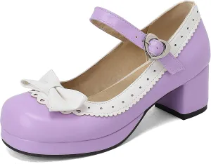 Women Bow Mary Jane Shoes Kawaii Pumps Platform Chunky Heeled Vintage Pumps Elegant Lolita Dress Shoes