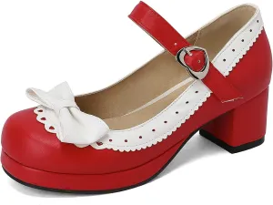 Women Bow Mary Jane Shoes Kawaii Pumps Platform Chunky Heeled Vintage Pumps Elegant Lolita Dress Shoes