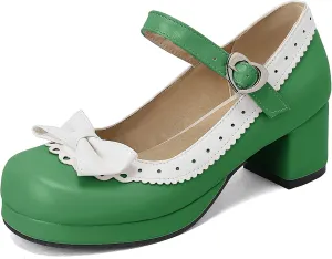 Women Bow Mary Jane Shoes Kawaii Pumps Platform Chunky Heeled Vintage Pumps Elegant Lolita Dress Shoes