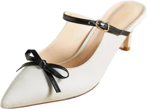 Women Bowknot Pointed Toe Slip On Mules Kitten Low Heel Ladies Stylish Summer Dress Shoes Size 4-16 US