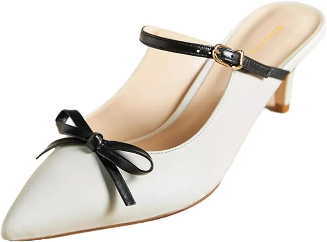 Women Bowknot Pointed Toe Slip On Mules Kitten Low Heel Ladies Stylish Summer Dress Shoes Size 4-16 US