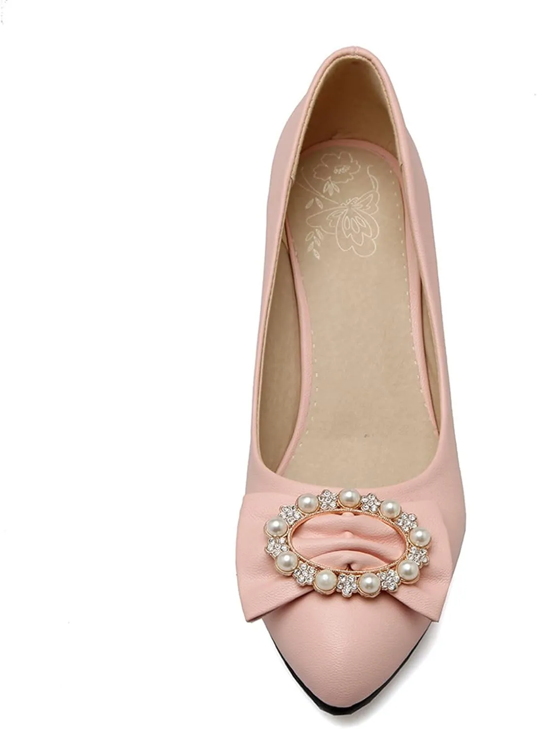 Women Chunky Mid Heel Pumps Pearl Bow Stylish Crystal Pointed Toe Comfy Slip-on Dress Office Shoes