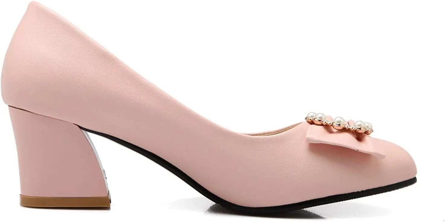 Women Chunky Mid Heel Pumps Pearl Bow Stylish Crystal Pointed Toe Comfy Slip-on Dress Office Shoes