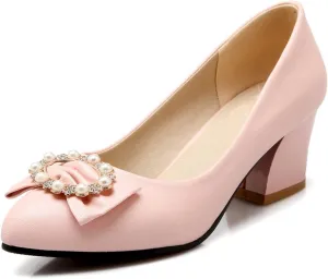 Women Chunky Mid Heel Pumps Pearl Bow Stylish Crystal Pointed Toe Comfy Slip-on Dress Office Shoes