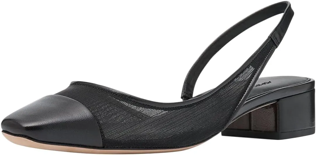 Women Closed Square Cap Toe Slingback Pumps Slip on Chunky Block Low Heels Stylish Dating Party Dress Shoes Size 4-16 US