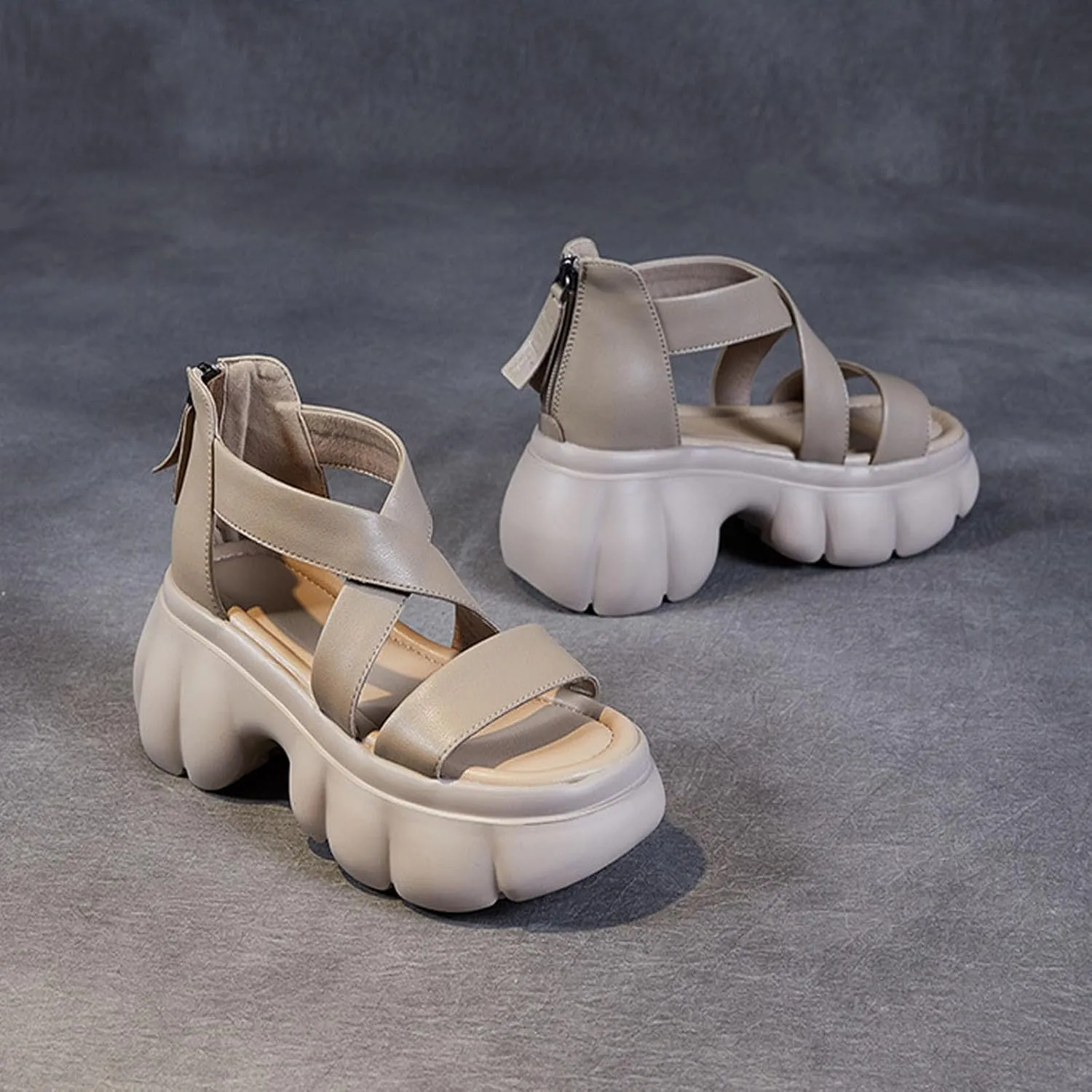 Women Genuine Leather Fish Mouth Slingback Platform Sandals Fashion Back Zipper Soft Sole Non-Slip Roman Boot Sandals Comfortable Lightweight Backless Causal Beach Walking Sandals