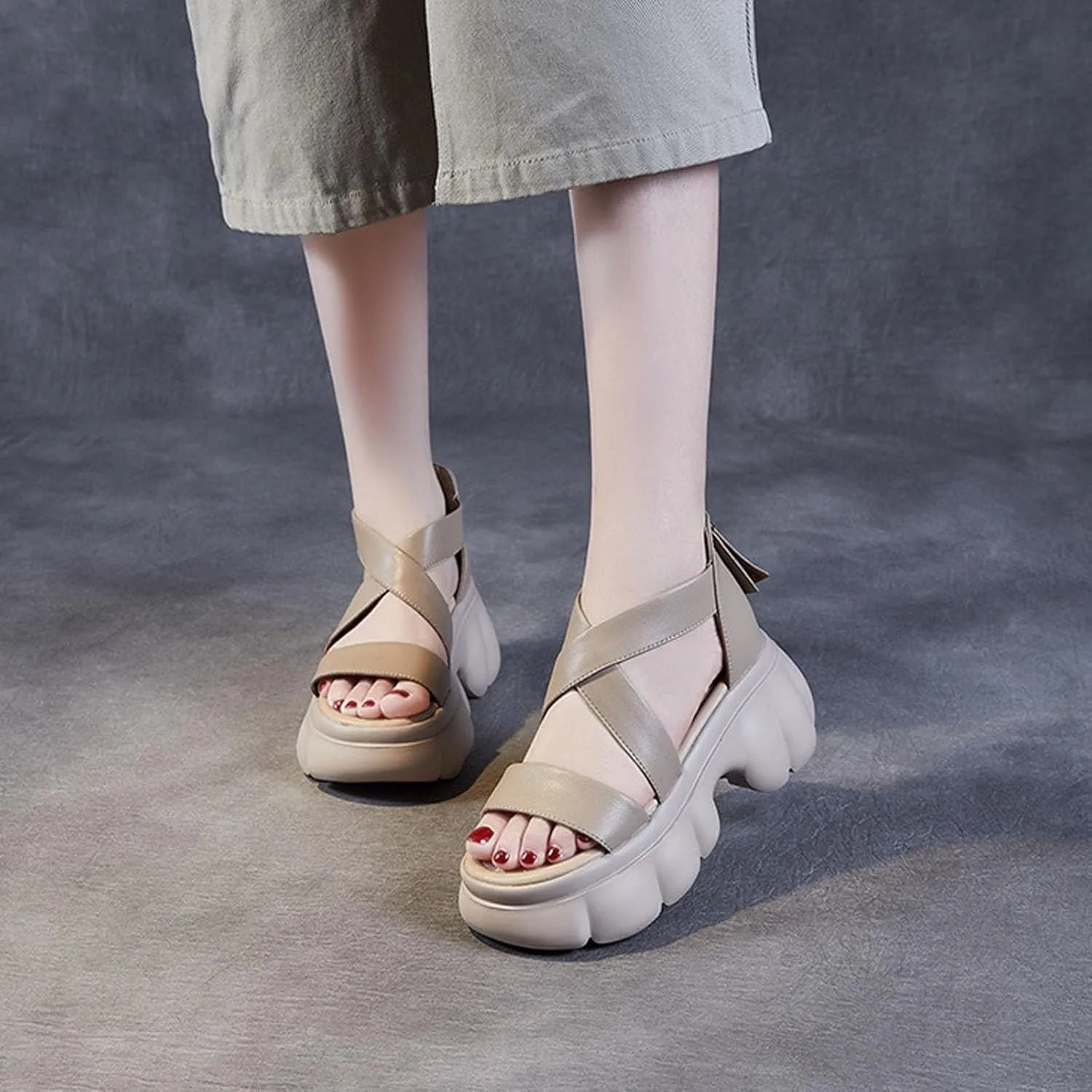 Women Genuine Leather Fish Mouth Slingback Platform Sandals Fashion Back Zipper Soft Sole Non-Slip Roman Boot Sandals Comfortable Lightweight Backless Causal Beach Walking Sandals