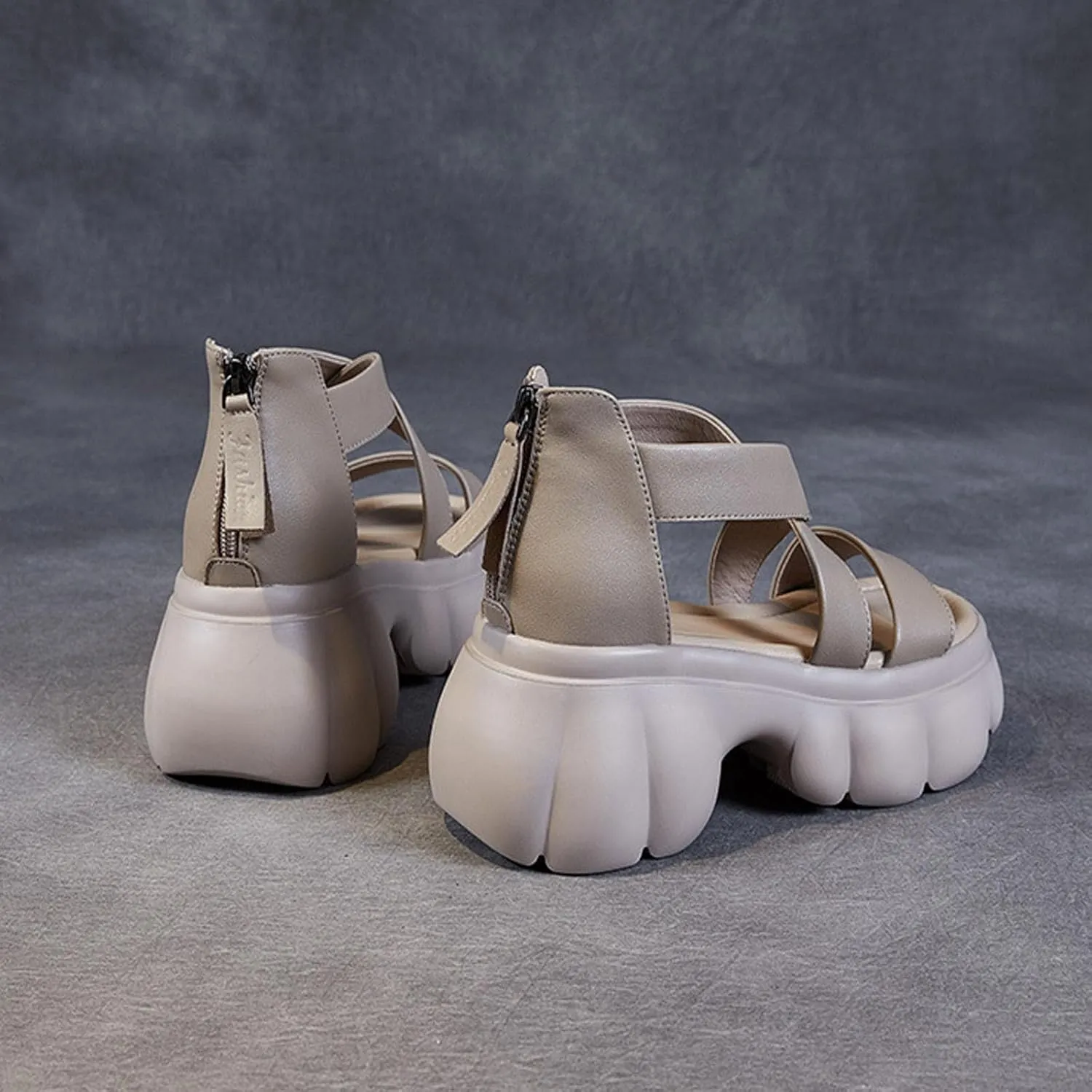 Women Genuine Leather Fish Mouth Slingback Platform Sandals Fashion Back Zipper Soft Sole Non-Slip Roman Boot Sandals Comfortable Lightweight Backless Causal Beach Walking Sandals