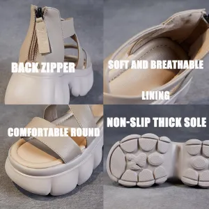 Women Genuine Leather Fish Mouth Slingback Platform Sandals Fashion Back Zipper Soft Sole Non-Slip Roman Boot Sandals Comfortable Lightweight Backless Causal Beach Walking Sandals