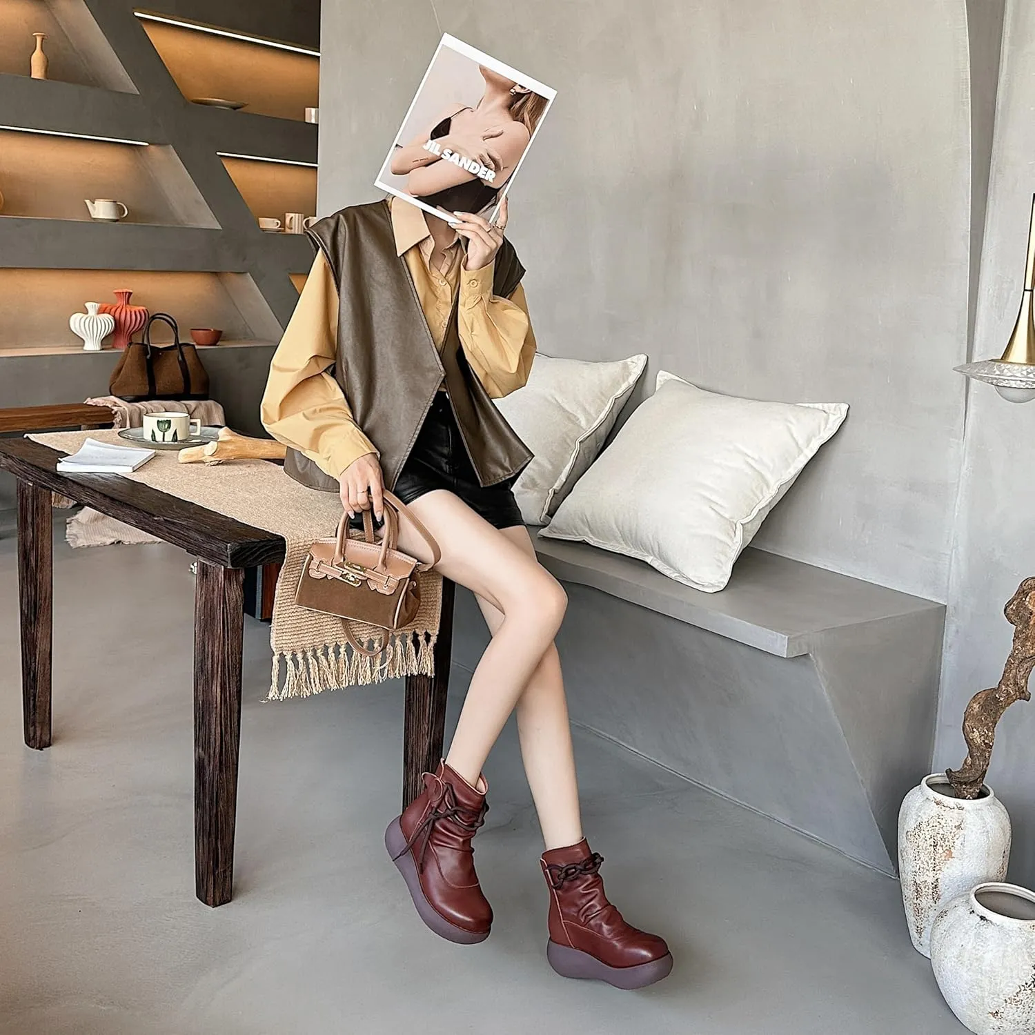 Women High Top Ankle Boots Platform Leather Boots for Women