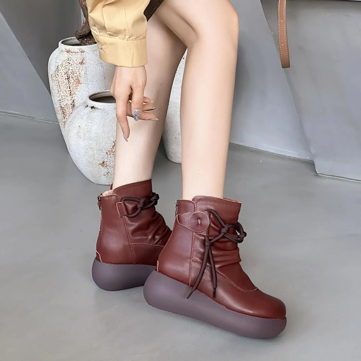 Women High Top Ankle Boots Platform Leather Boots for Women