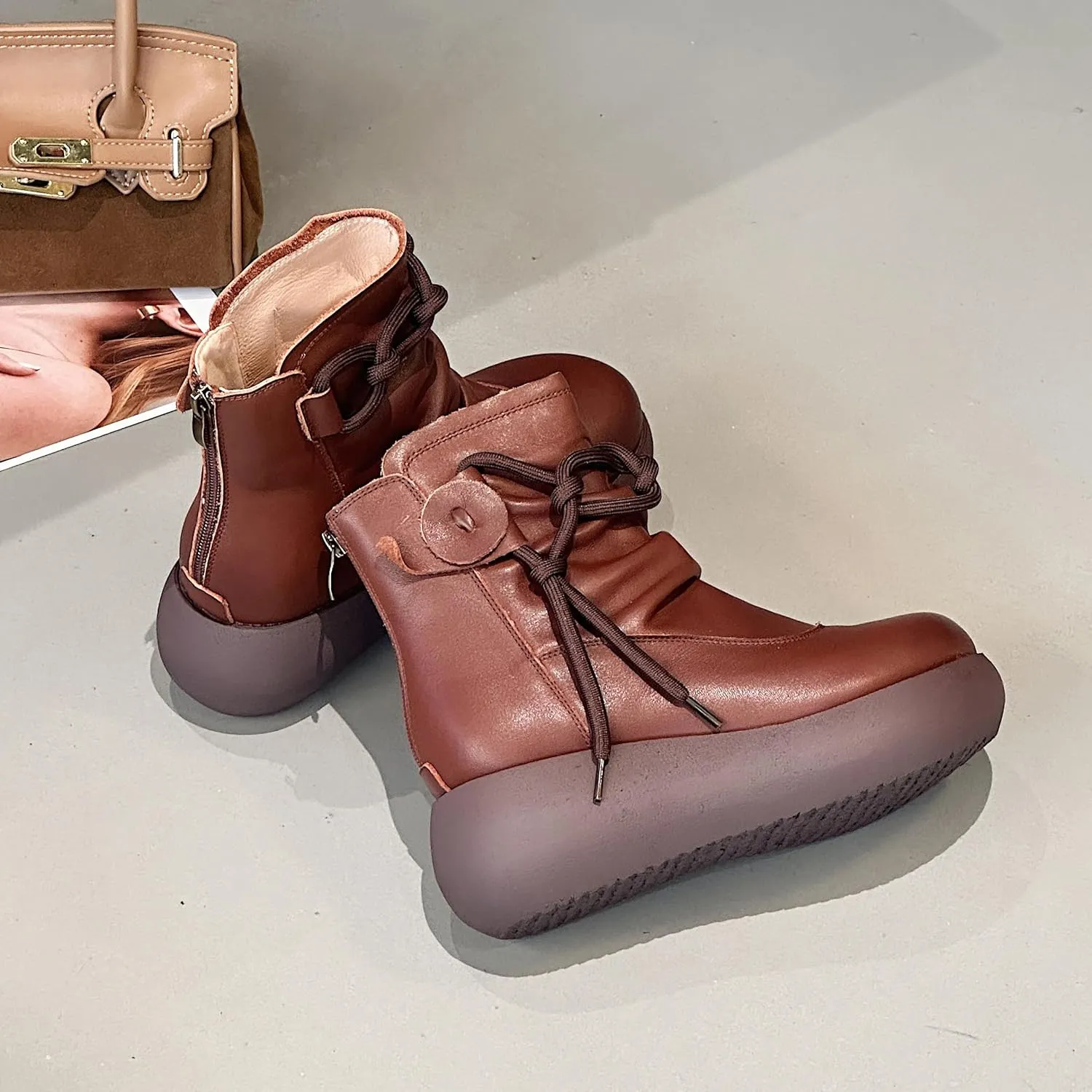 Women High Top Ankle Boots Platform Leather Boots for Women