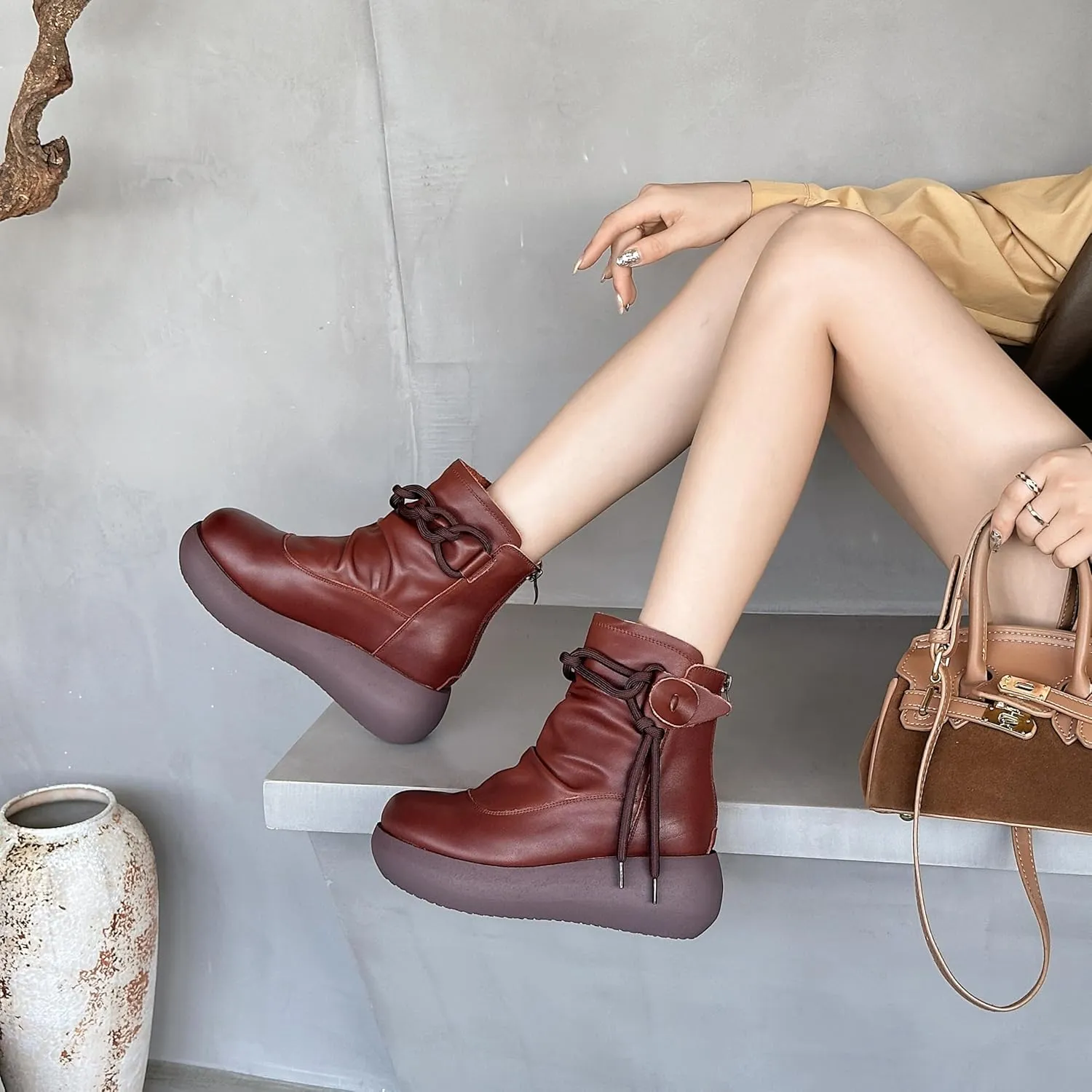 Women High Top Ankle Boots Platform Leather Boots for Women