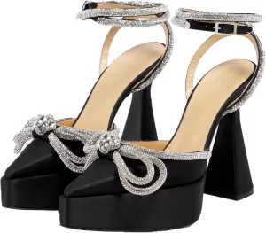 Women Platform Pumps Rhinestone Double Bow Chunky Heeled Sandals Crystal Embellished Ankle Strap Buckle Shoes Satin Pointed Toe Pumps Tapered Block Heel Dress Shoes for Women