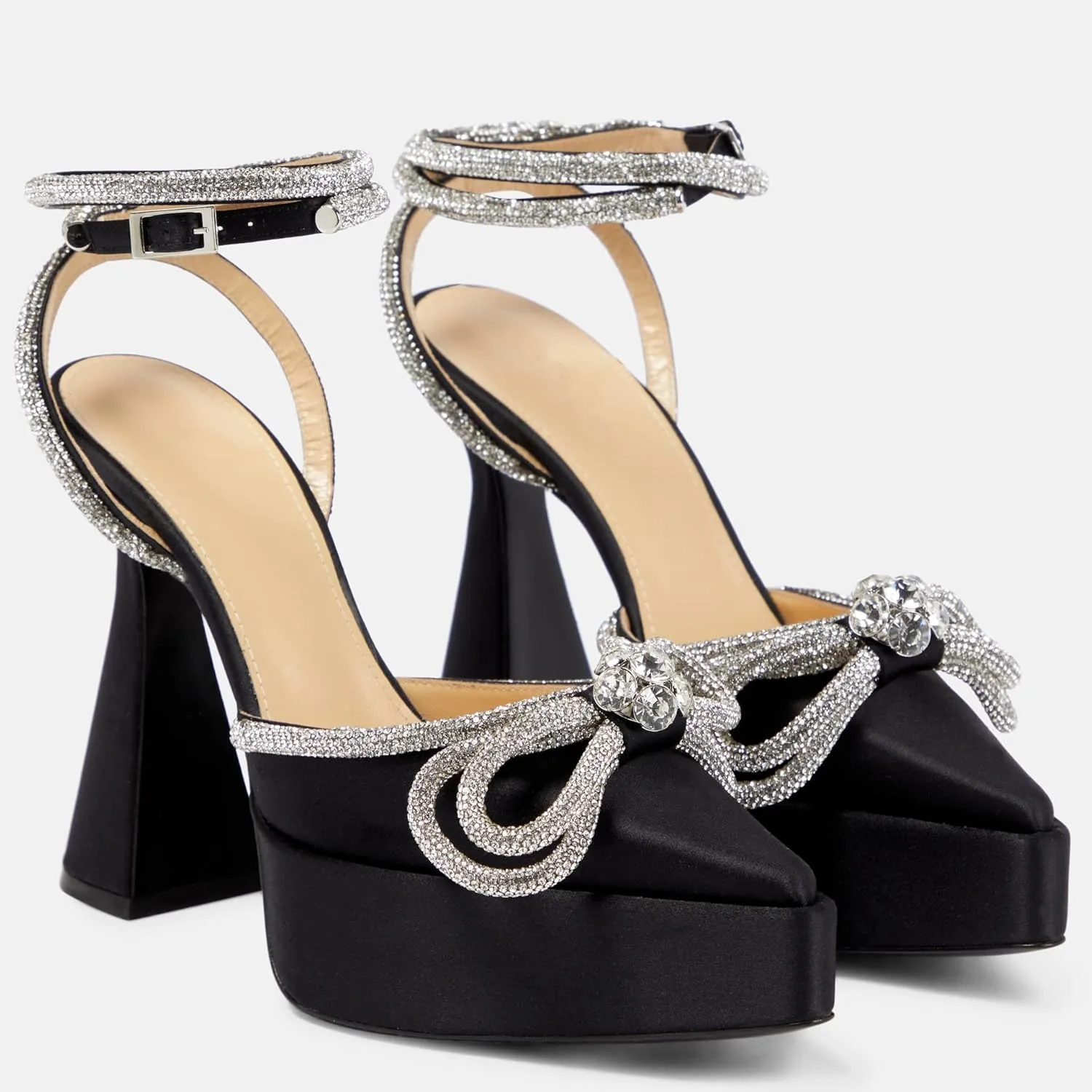 Women Platform Pumps Rhinestone Double Bow Chunky Heeled Sandals Crystal Embellished Ankle Strap Buckle Shoes Satin Pointed Toe Pumps Tapered Block Heel Dress Shoes for Women