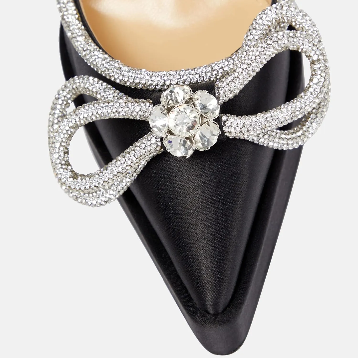Women Platform Pumps Rhinestone Double Bow Chunky Heeled Sandals Crystal Embellished Ankle Strap Buckle Shoes Satin Pointed Toe Pumps Tapered Block Heel Dress Shoes for Women