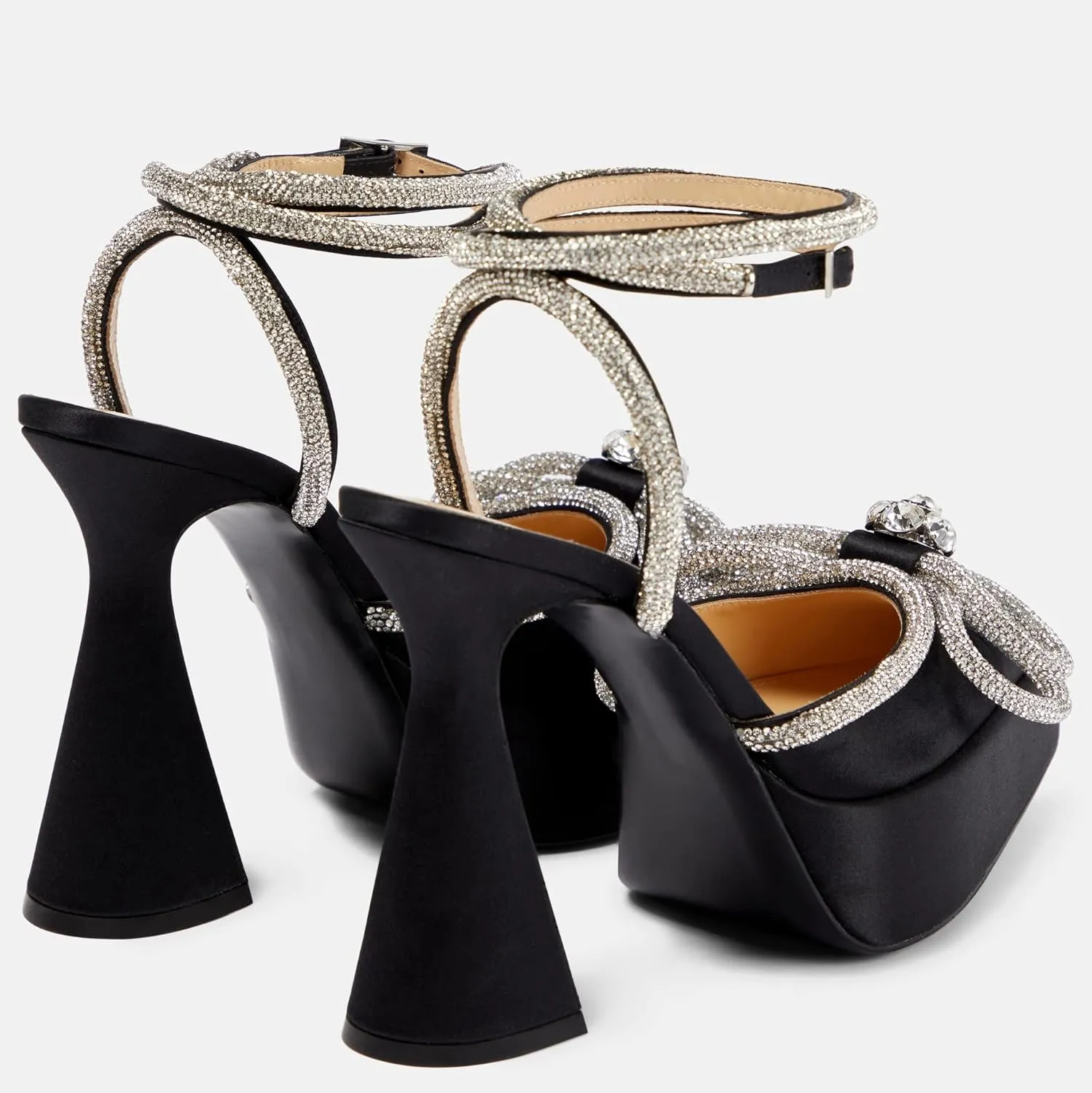 Women Platform Pumps Rhinestone Double Bow Chunky Heeled Sandals Crystal Embellished Ankle Strap Buckle Shoes Satin Pointed Toe Pumps Tapered Block Heel Dress Shoes for Women