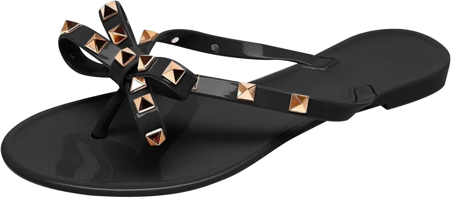 Women Rivet Flat Flip Flops Studded Jelly Thong Sandals with Bow Summer Bowtie Slip On Flat Beach Dressy Slides Fashion Dress Slipper